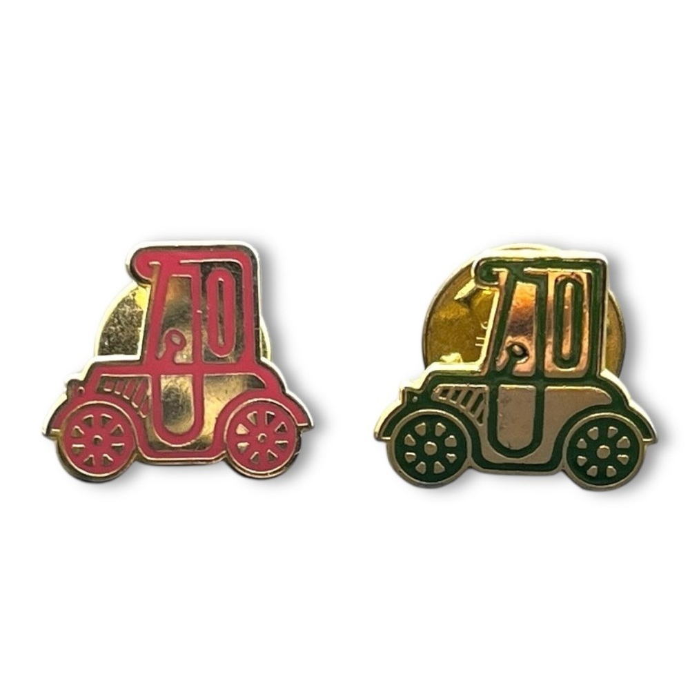 Adorable Red/Green Vintage Brass & Enamel Mini Car Pins Set of 2